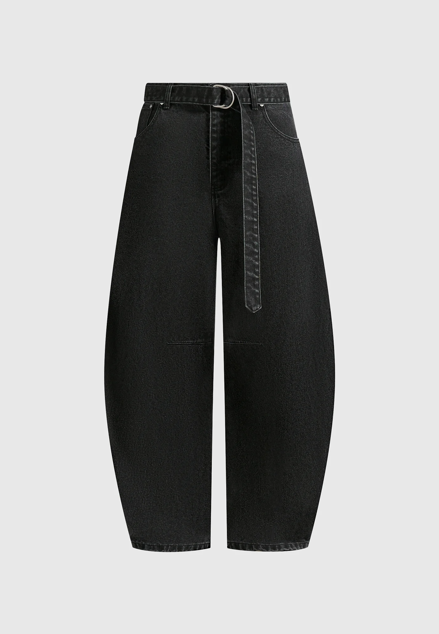 Visual Clothing wide barrel denim jeans showing the full barrel leg silhouette.