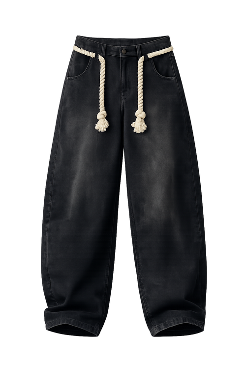 Visual Clothing wide barrel rope denim jeans in overdyed black.